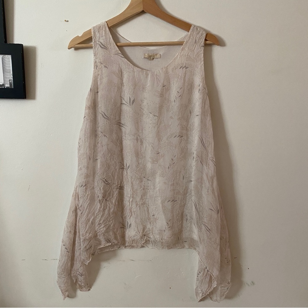100% Silk Giusy Italian Floral High Low Hem Lined Flowy Summer Tunic Shirt Top S